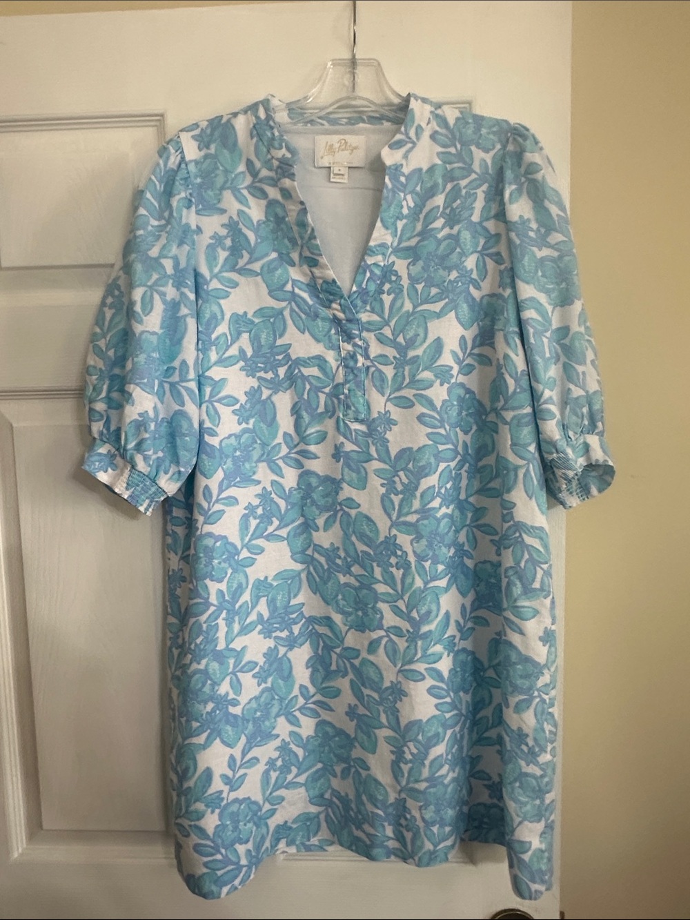 Lilly Pulitzer White and Aqua Floral Puff-Sleeve Midi Dress